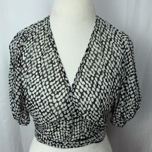 FreshMint women's deep v neck black & white sheer crop top w tie, medium